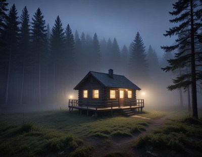 Cabin in the woods surrounded by misty trees at night