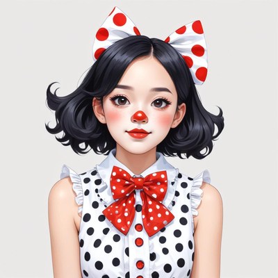 Cute clown girl with polka dots and bright bow in costume