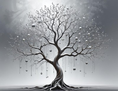 Elegant tree with ornaments in black and white art