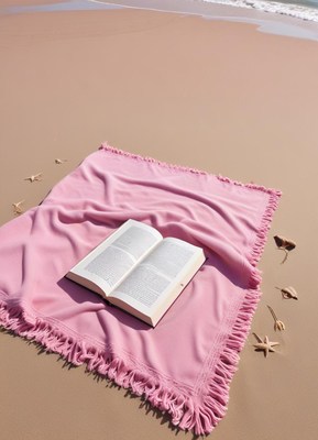 Relaxing beach scene with a book on pink blanket