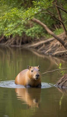 Capybara swims calmly in a tranquil pond at dawn