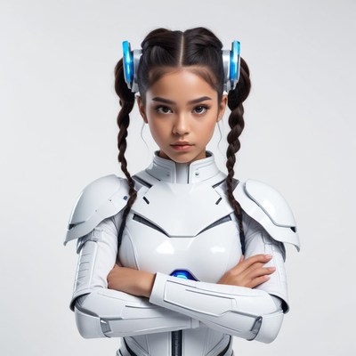 Futuristic character in sleek armor poses confidently