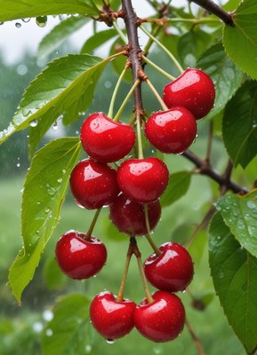 Freshly ripened cherries hanging on a branch