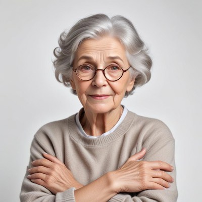 Elegant elderly woman smiling with crossed arms indoors