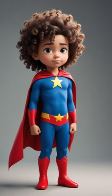 Young superhero character in vibrant costume with cape