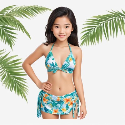Girl in floral swimsuit poses by tropical leaves