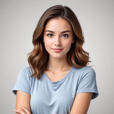 Woman with brown hair posing in a light blue shirt