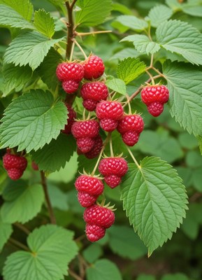 Ripe raspberries hanging from green vines in summer