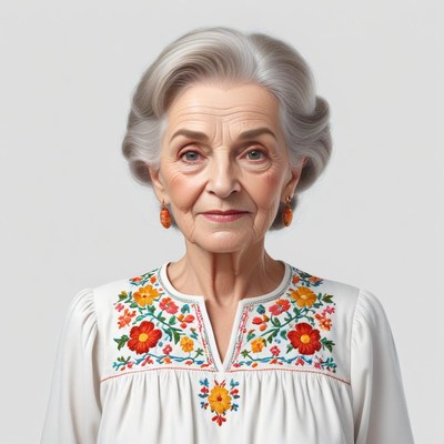 Elderly woman in traditional embroidered blouse with flowers