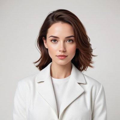 Woman wearing a white coat in a neutral setting