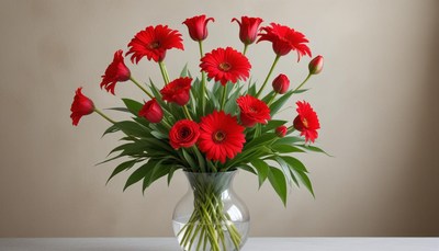 Bright red flowers in a glass vase on a neutral background