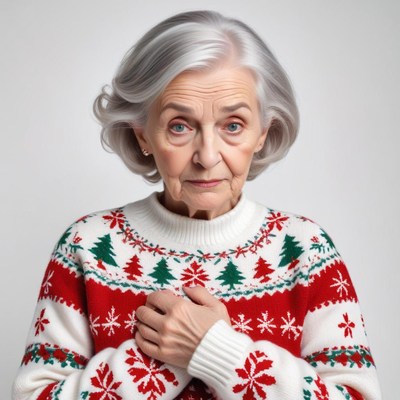 Elderly woman in festive sweater expressing warmth and joy