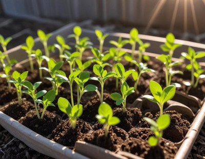 Small green seedlings growing in soil trays