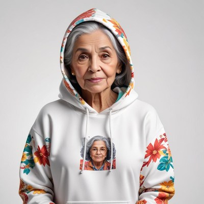 Elderly woman in floral hooded sweatshirt with print