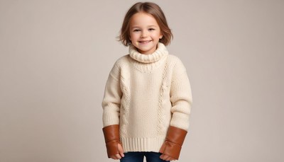 Child smiles in stylish knit sweater with brown sleeves