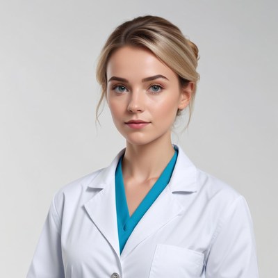 Calm young healthcare professional in white coat