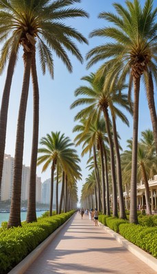 Scenic walking path lined with palm trees by the waterfront