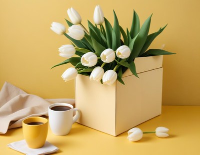 Beautiful white tulips in a yellow box on a table