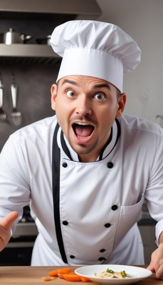 Chef expressing excitement while showcasing a dish