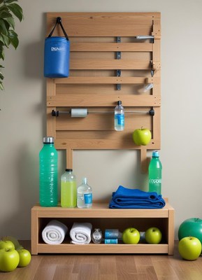 Fitness equipment and healthy snacks displayed in gym area