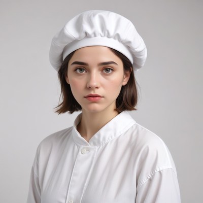 Young chef in traditional white uniform and hat
