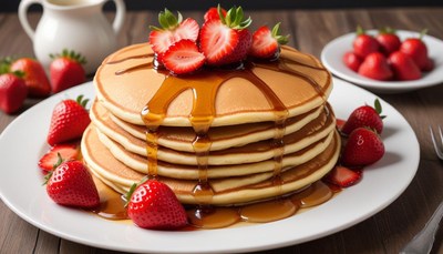 Delicious pancakes stacked high with fresh strawberries