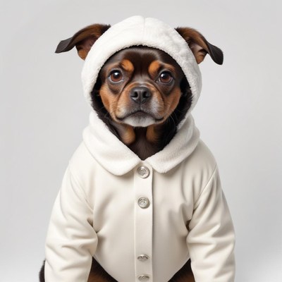 Dog in cozy winter outfit poses for the camera