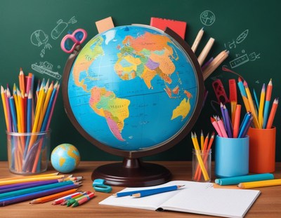 Bright classroom setup with globe and art supplies