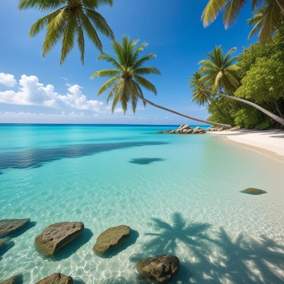 Tropical beach with clear water and palm trees