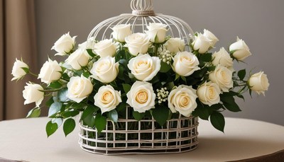 Beautiful white roses in a decorative cage arrangement