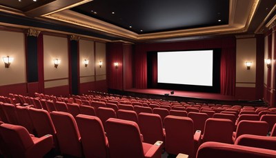 Classic movie theater interior with empty seats and screen
