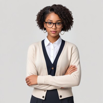 Young woman with curly hair in stylish outfit in calm pose