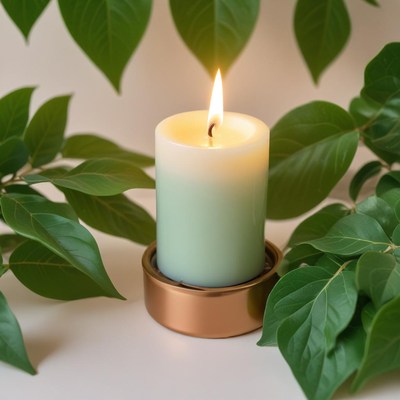 Beautiful green candle surrounded by fresh leaves
