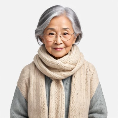 Elderly woman with gray hair in cozy winter attire