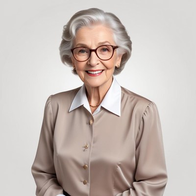 Elderly woman smiling brightly in elegant attire and glasses