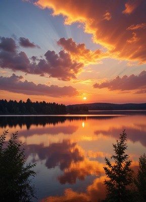 Sunset over calm lake with colorful clouds and reflections