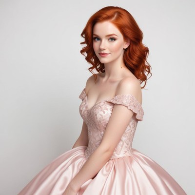 Elegant young woman in pink gown with wavy red hair
