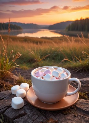 Hot cocoa with marshmallows by a scenic lakeside