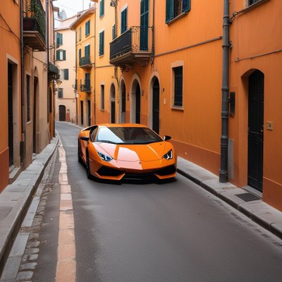 Bright orange sports car parked in narrow street scene
