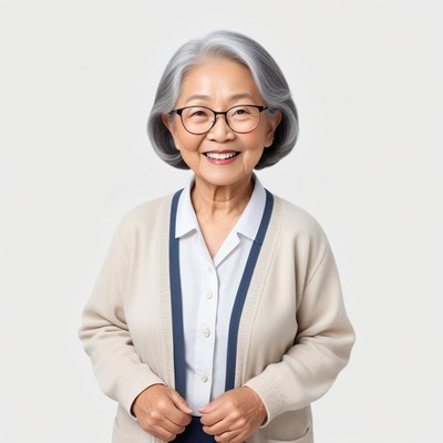 Smiling elderly woman with gray hair in casual wear
