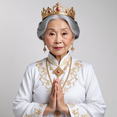 Elegance in traditional attire with a regal crown display