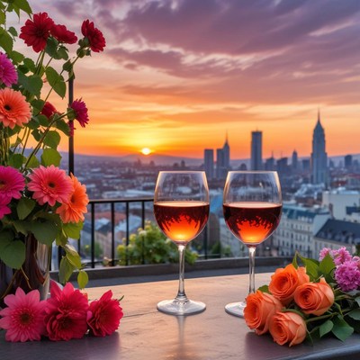 Romantic sunset view with wine and flowers in the city