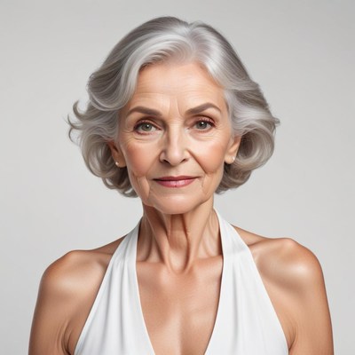 Elegant elderly woman with silver hair posing indoors