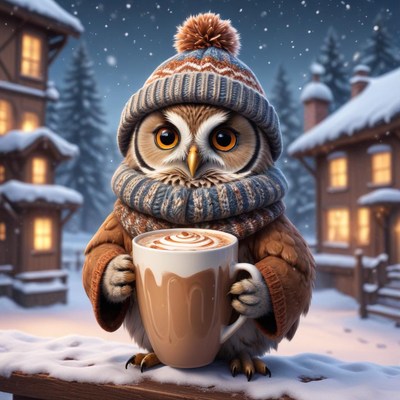 Charming owl enjoying warm drink in winter setting
