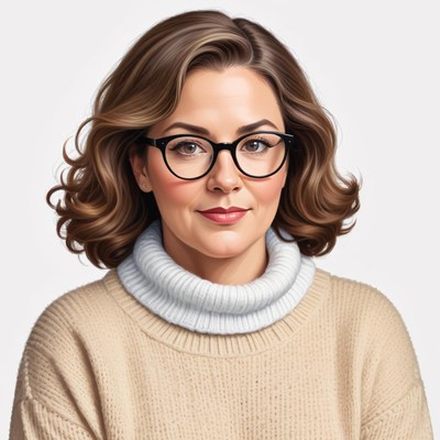 Woman in glasses and curly hair, cozy sweater