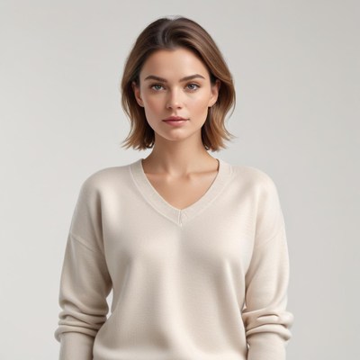Model in beige sweater against plain background