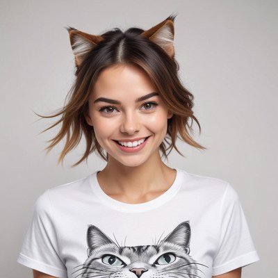 Smiling woman with cat ears and playful t-shirt design