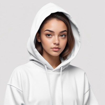 Young woman wearing a white hoodie in a neutral setting
