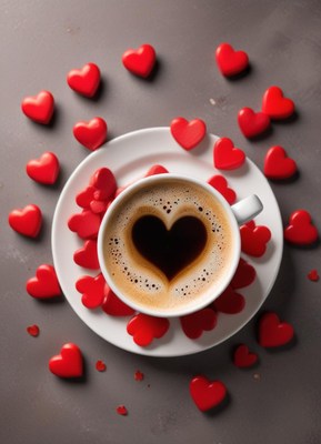Cup of coffee surrounded by red heart-shaped candies