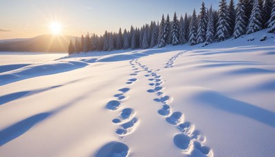 Footprints in fresh snow at sunrise in a forest